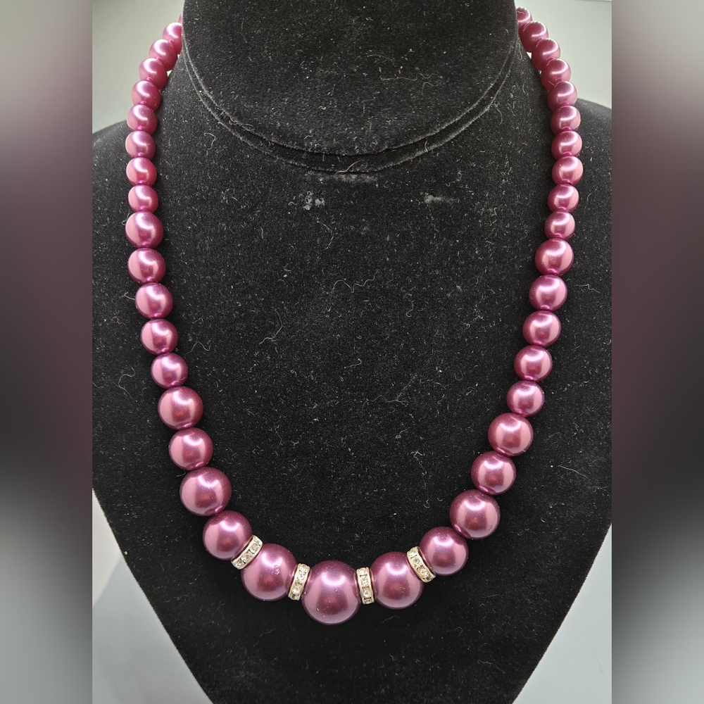 Purple Faux Pearl Necklace w/ Crystal Embedded Rondels Silver Tone Clasp